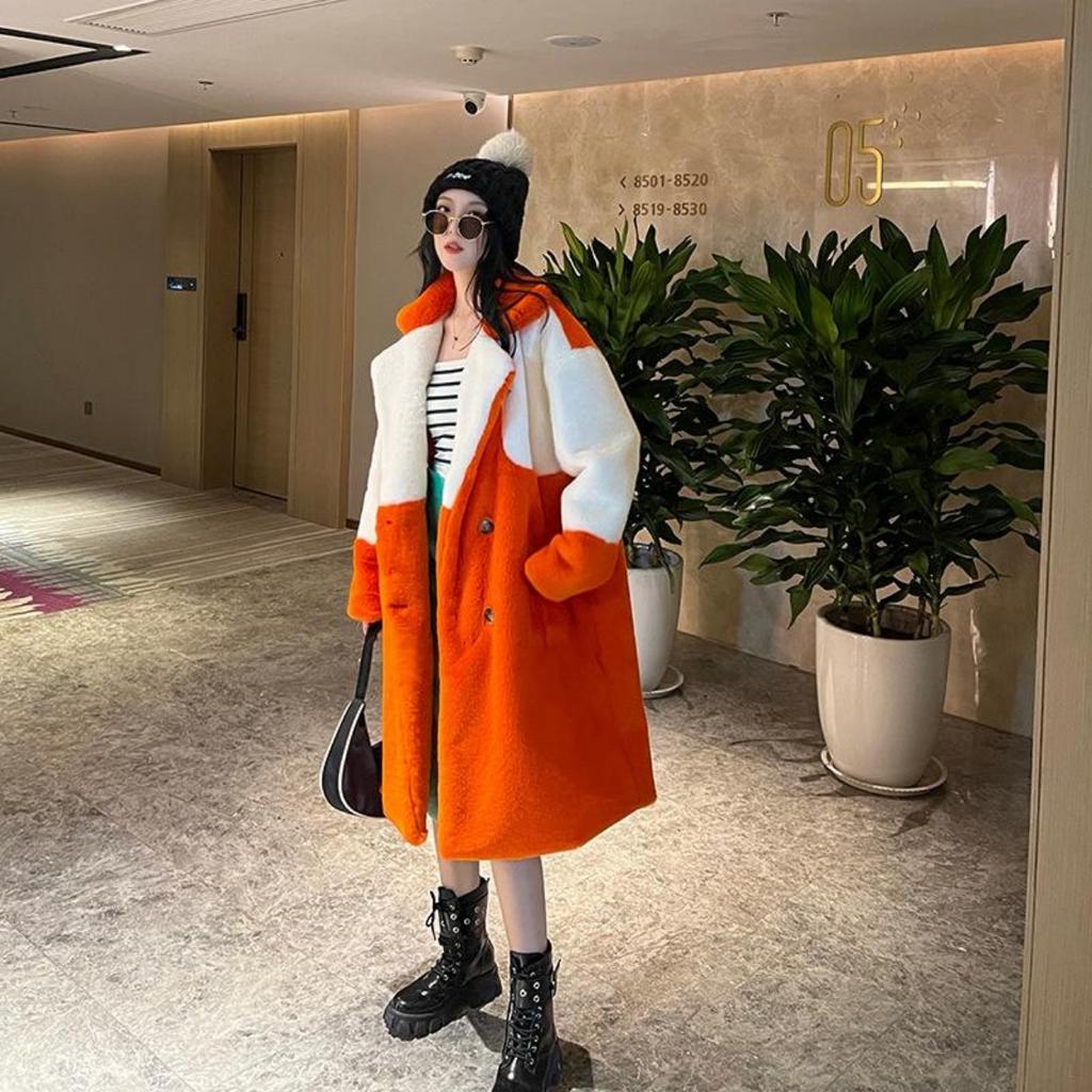 Cappotto lungo in pelliccia sintetica arancione bianco patchowrk da donna con risvolto, giacca soffice, soprabito in pelliccia di peluche, inverno 2024, nuovo capospalla