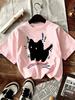 Cartoon Trendy Kawaii Cat Print T-shirt Women's Summer Round Neck Cute Cat Y2K Graphic Tee Summer Casual Woman Clothing