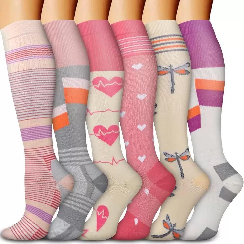 6 Pairs Mid Calf Compression Socks Sports Hiking Basketball Office Worker Calf Protection Stockings Varicose Vein Nurse Socks