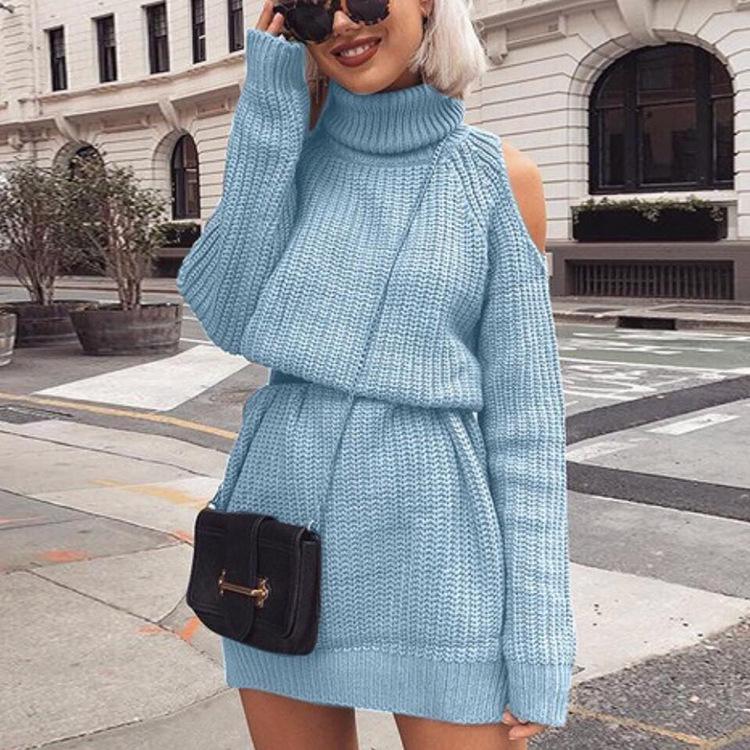 2025 European & American Fall/Winter Off-Shoulder High-Neck Knitted Sweater Dress.