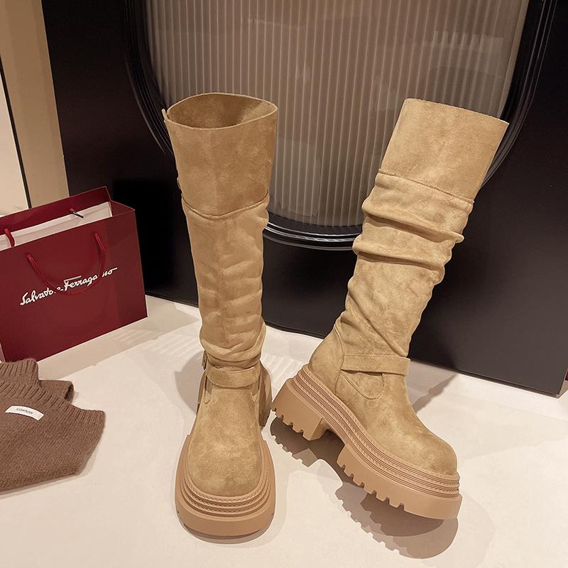 

Platform Height Increase Woman Knight High Boots Punk Style Thick Heels Long Booties Autumn Winter Belt Buckle Ladies Shoes 35