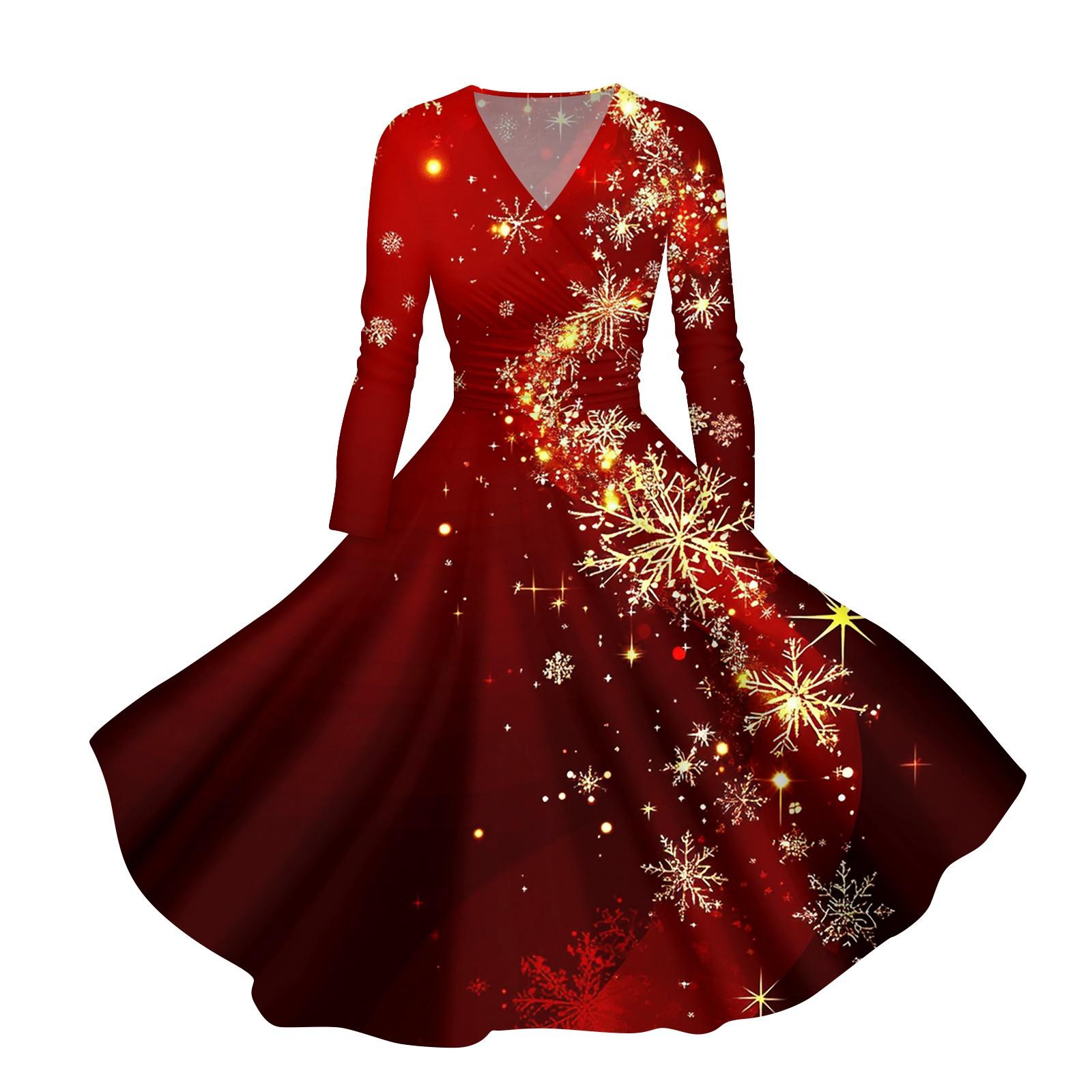 

Женское повседневное модное платье с V-образным вырезом и длинными рукавами в стиле ретро с рождественским принтом в стиле ретро, осень S киноварь