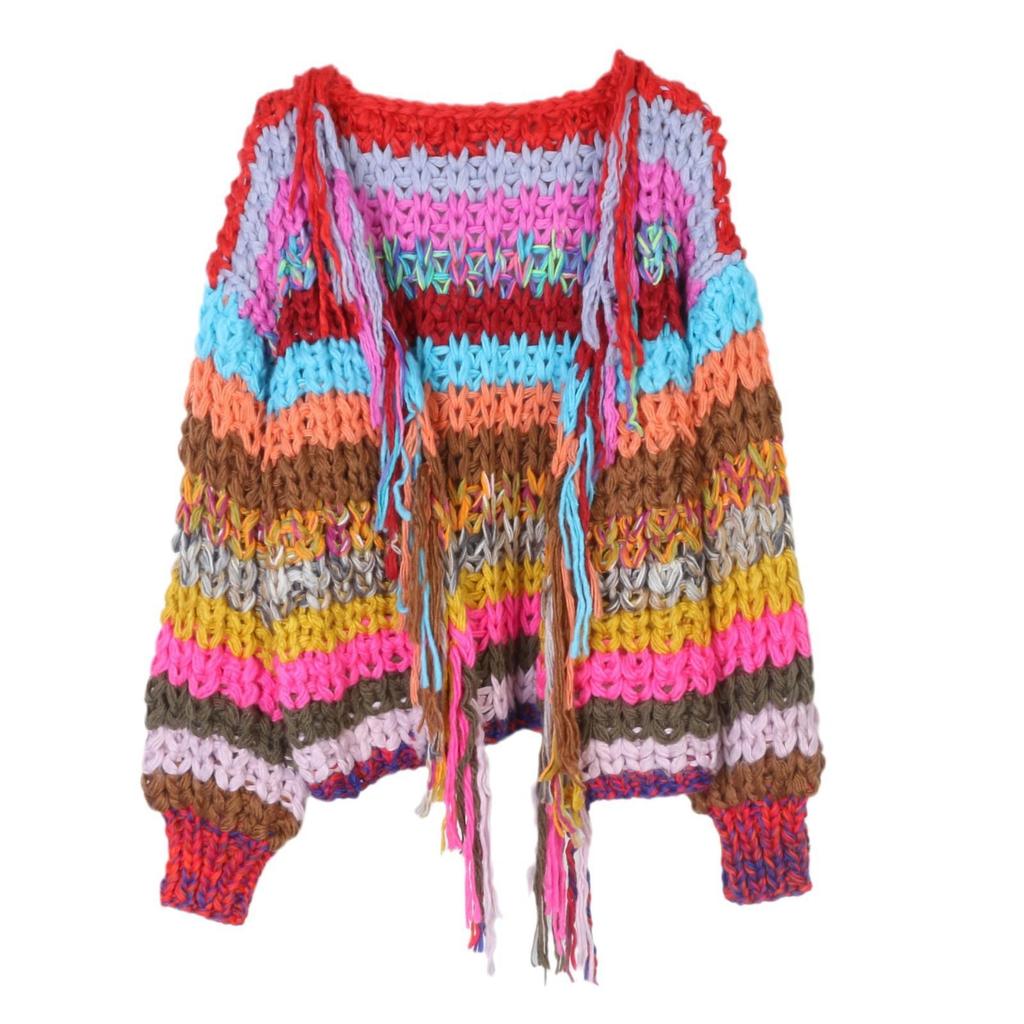 Retro Regenbogen Farbblock Damen Cardigan Pullover - Langärmlig, Dick gestrickt für Herbst/Winter