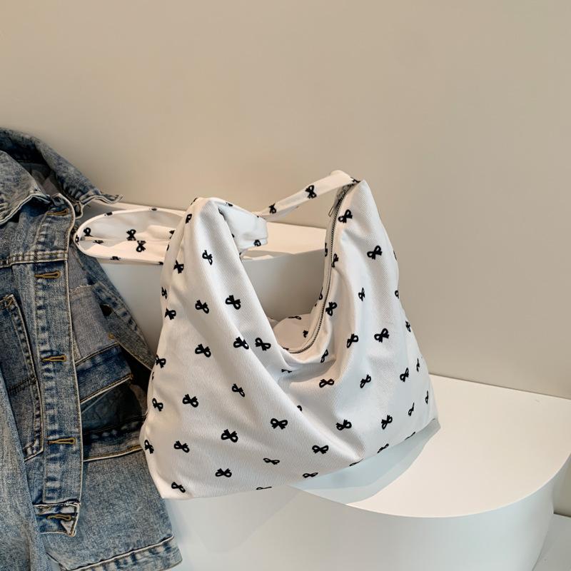 

Bow canvas bag women s shoulder tote bag shopping bag foldable 2025 new fashion белый