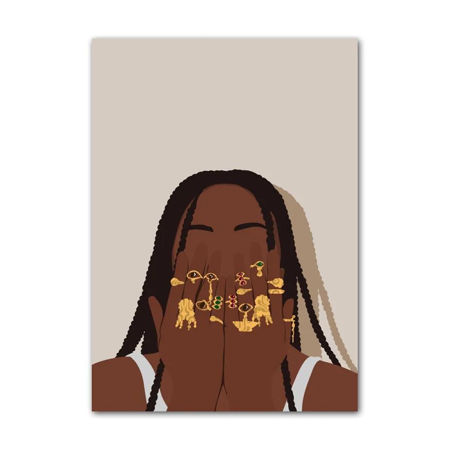 Black Art Fashion Hip Hop Girl Manicure Jewelry Lips Poster African Black Woman Beautiful Nails Painting Pictures Living Room Beauty Salon Decor