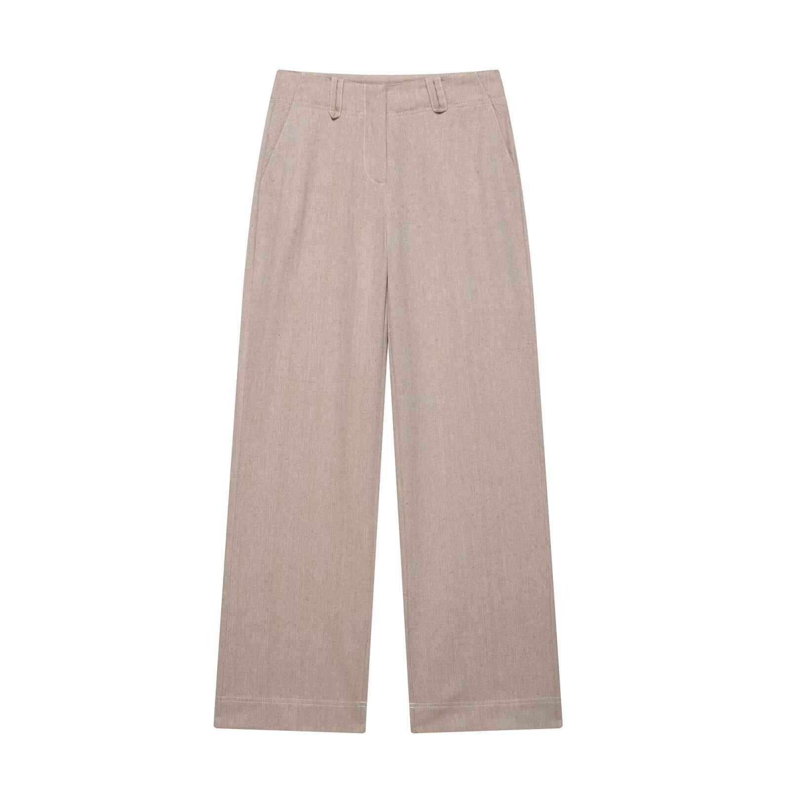 

European and American Style Summer Herringbone Twill Short Jacket & Straight Leg Long Pants Set Medium