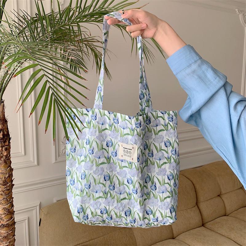 Большая мягкая холщовая сумка-тоут для девочек с узором из пузырчатых тюльпанов в розовом цвете BluePurple Tulip