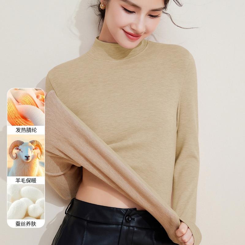 Autumn and Winter Mid-neck Wool Silk Thermal Underwear Women's Thickened Fleece Bottoming Shirt Warm Fleece Heating Autumn Clothes Top