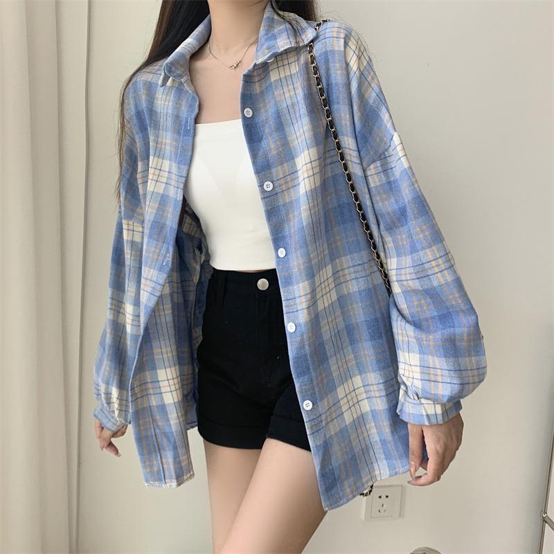 Camicie a quadri larghe semplici vintage primaverili da donna, moda a maniche lunghe, taglie forti, casual, camicette da donna, monopetto, slim, da ufficio, da donna, 26107