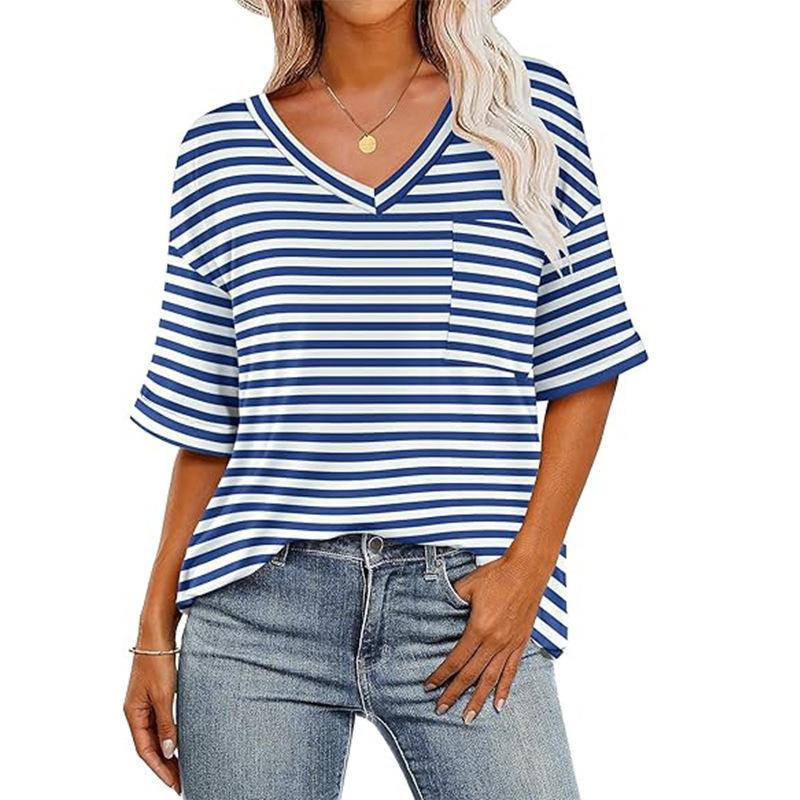 Summer V-neck Color Striped Short Sleeved T-shirt with Pockets Shoulder Sleeves T-Shirts Women’s
