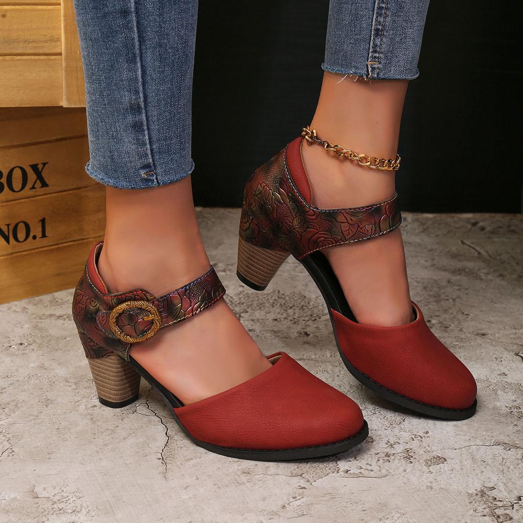 Frühling und Sommer Damenschuhe Spitz zulaufend Große Größe Klobiger Absatz Sandalen Mittlerer Absatz Sandalen Retro Ethnischer Stil