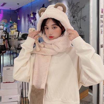 Autumn and Winter Plush Cute Warm Versatile Scarf Cartoon Bear Versatile Casual Hat Scarf Gloves Three-piece Set