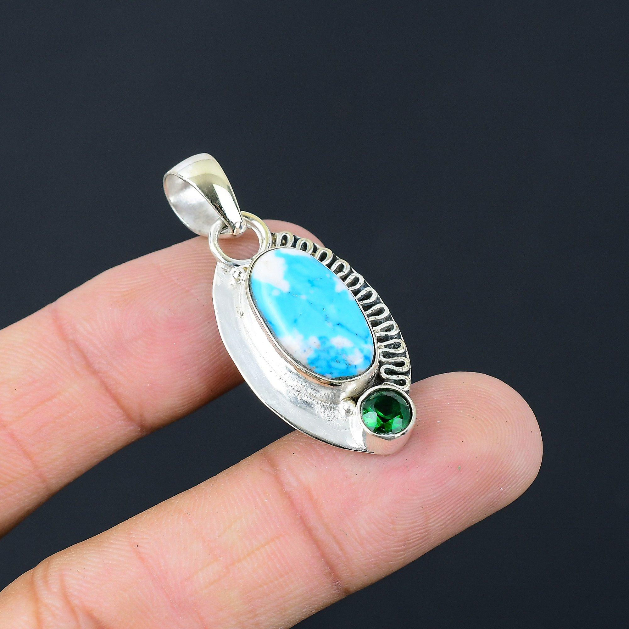Natural Santa Rosa Turquoise Chrome Diopside Sterling Silver Art Deco Pendant