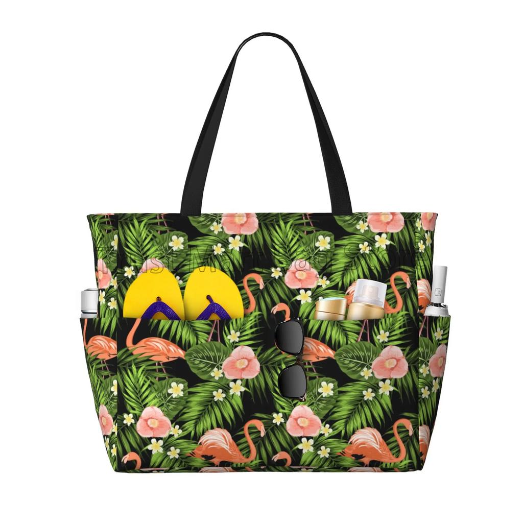 Rosa Flamingo-Print Große Strandtasche Damen Tragbare Reisetasche Wasserdicht Sandfest Pooltasche für Schwimmen Fitnessstudio Lebensmittel Urlaub