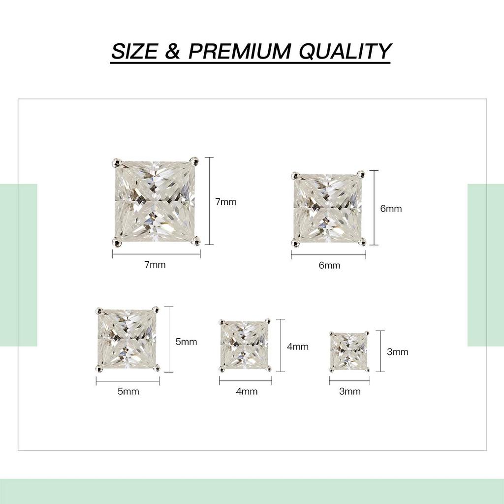 7MM MOISSANITE Square Princess Stud Earrings Unisex 925 Silver Passes Tester