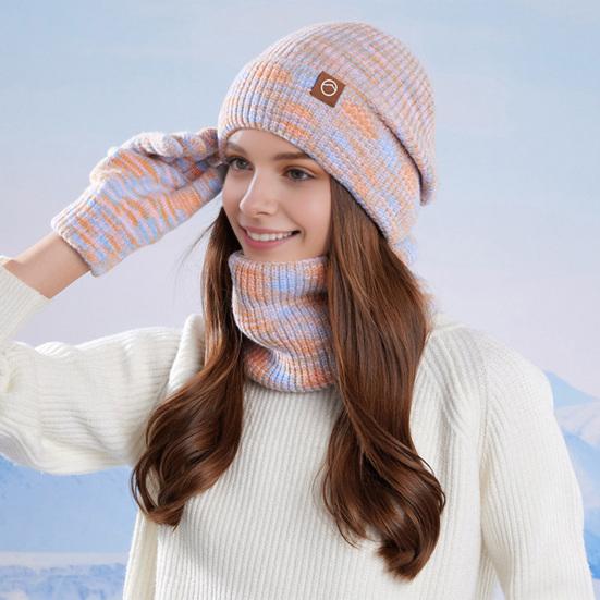3Pcs/Set Winter Hat Scarf Gloves Set Thickened Velvet Lining Colorful Elastic Fit