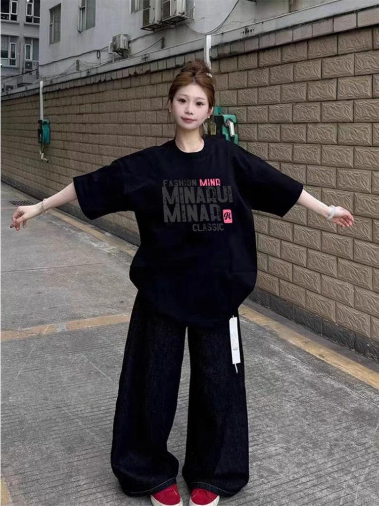 Women's Black Pure Cotton Trendy Streetwear Loose-Fit Short Sleeve T-shirt