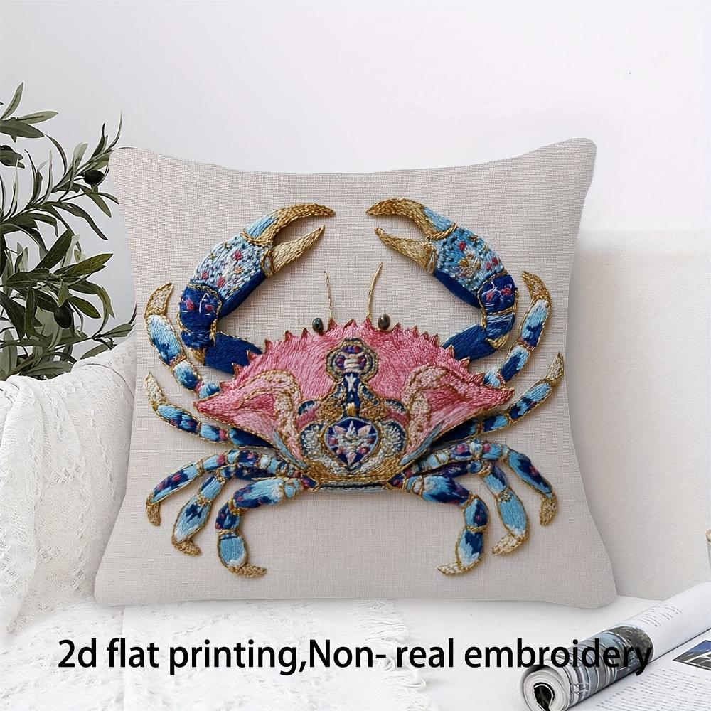 Ornate Crab Throw Pillow Cover 2D Embroidery Effect Coastal Print Decorative Cushion Cover For Nautical Beach Home Decor