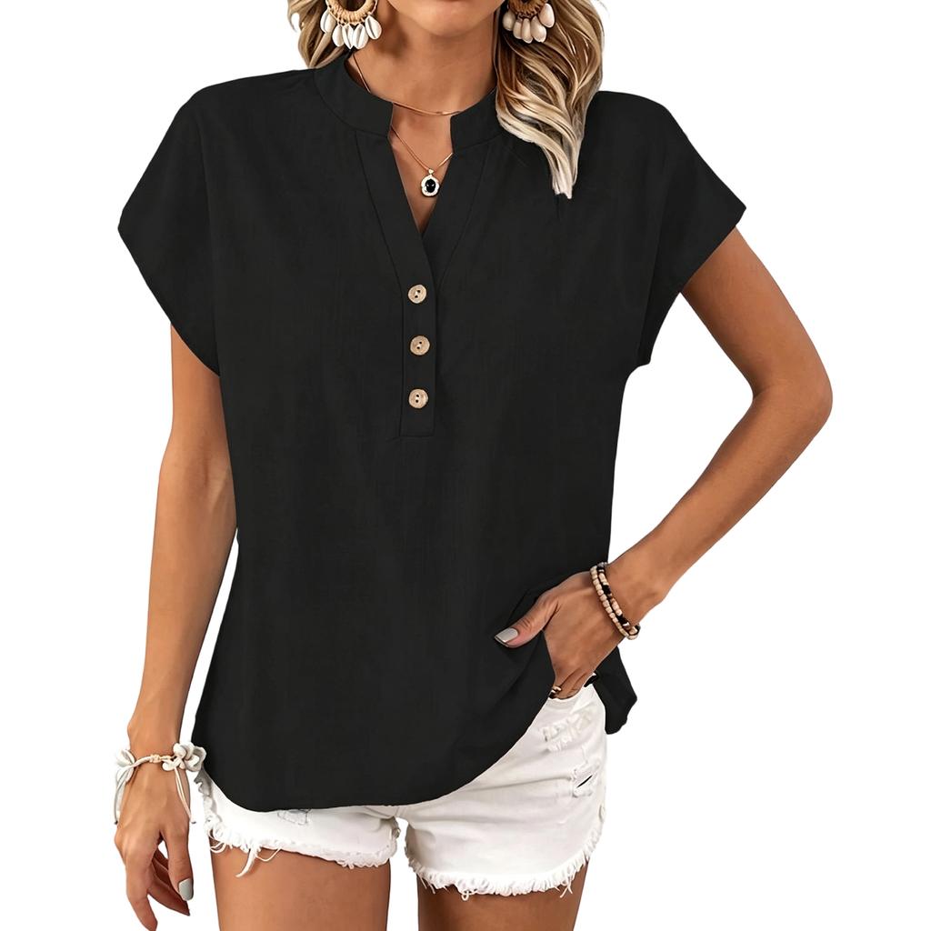 Women's Casual Wide-cut Shirt V-neck Button-up Short-sleeved Shirt Top