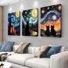 3-Piece Van Gogh Starry Night Cat Decorative Painting Modern Living Room Bedroom Sofa Wall Canvas Art Abstract Oil Painting Home