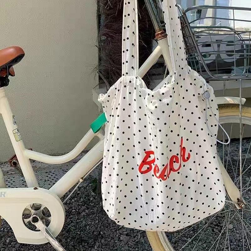 2025 Polka Dot Small Fresh New Shoulder Canvas Bag Tote Large Capacity Retro Ins Travel Letters Niche Han