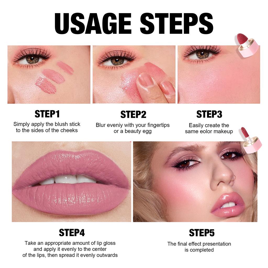 HANDAIYAN 6er-Set Doppelseitiger Flüssig-Rouge und Lipgloss 2-in-1 Wangenfarbe Matt Natürlich Langanhaltendes Lippen- und Wangen-Make-up für Damen