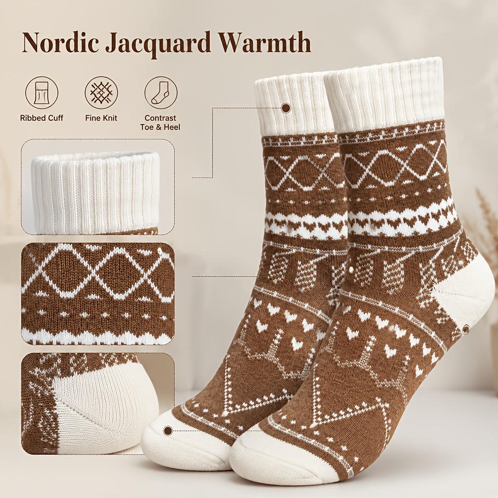 5 Pairs Women's Winter Warm Crew Socks, Thick Jacquard Socks with Vintage Geometric Pattern, Soft Thermal Cozy Socks
