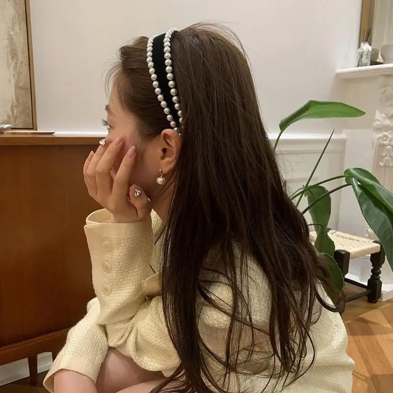 Women Vintage Black Velvet Pearls Hairband with Teeth Anti Slip Adult Hair Clip Wide Edge Headband Girls New Hair Accessory