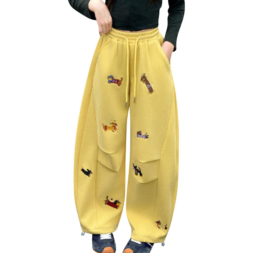 Children's Embroidered Puppy Loose,Fit Bucket,Shaped Sweatpants Casual Elastic Waist Drawstring Unisex Wide,Leg Pants Long Trousers Sweatpants