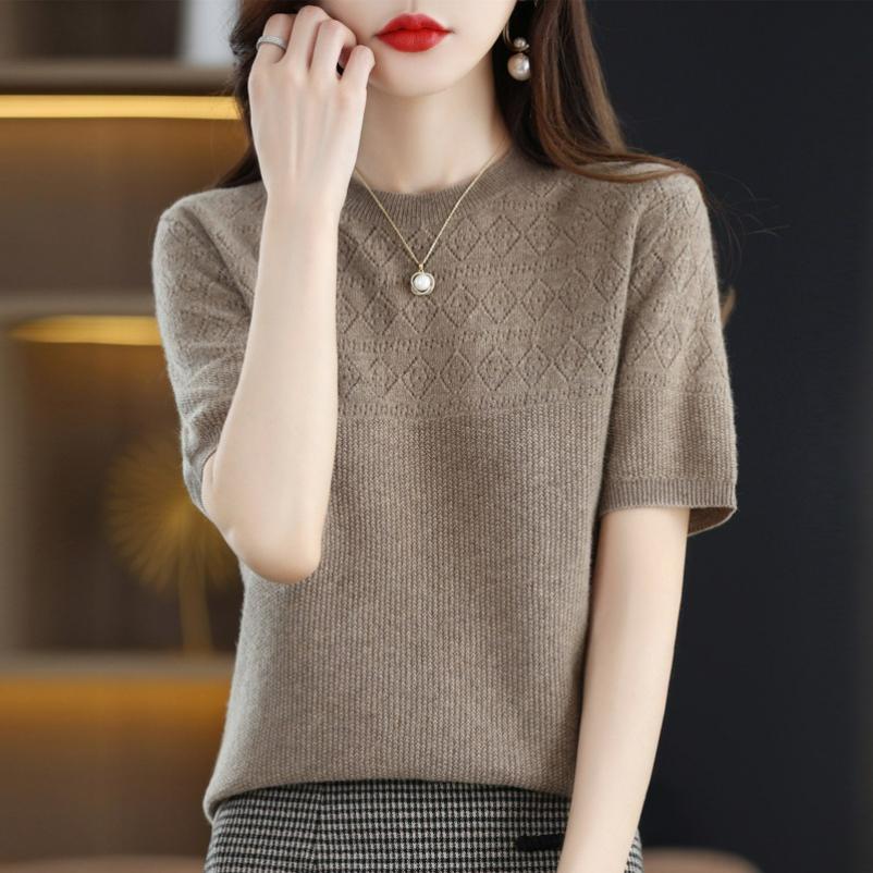 Mercerized Cotton Short-sleeved T-shirt Women s Summer Round Neck Sweater Half-sleeved Thin Hollow Short Knitted Bottoming Top XS серый