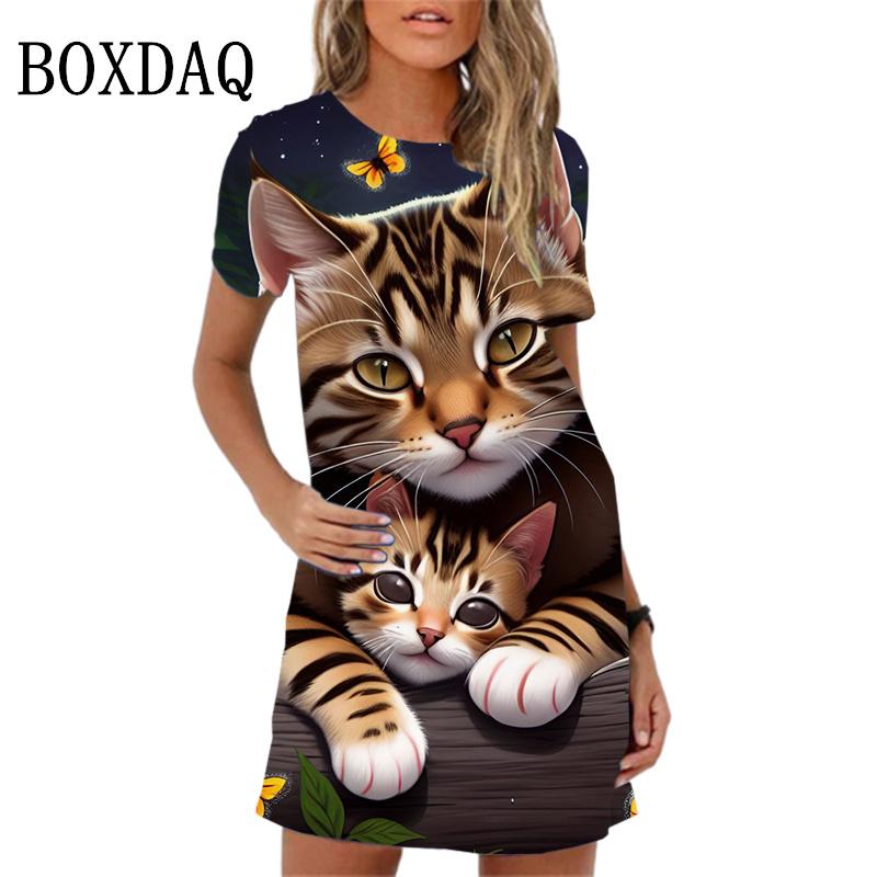 Short-sleeved women's mini dress with a collar opening design, featuring a classic cartoon cat pattern, trendy summer casual women's wear