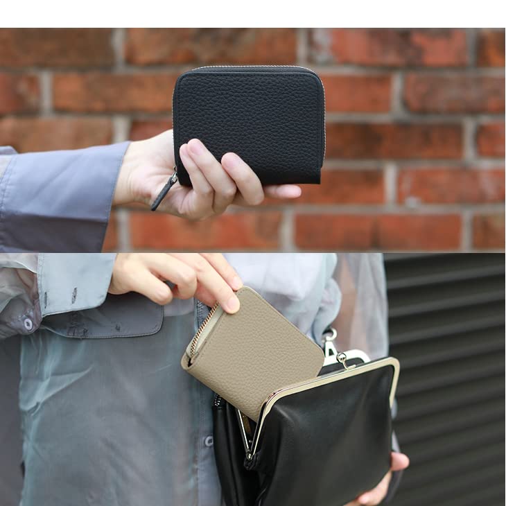 Damen-Bifold-Portemonnaie mit Akkordeon-Kartenfächern (Schwarz) Echtes Leder Diebstahlschutz Runder Reißverschluss Münzbeutel Scheinfach Groß