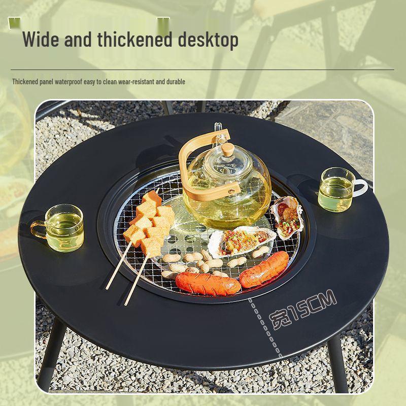 Portable Folding BBQ Grill with Solid Wood Table for Outdoor Picnic and Meat Barbecue