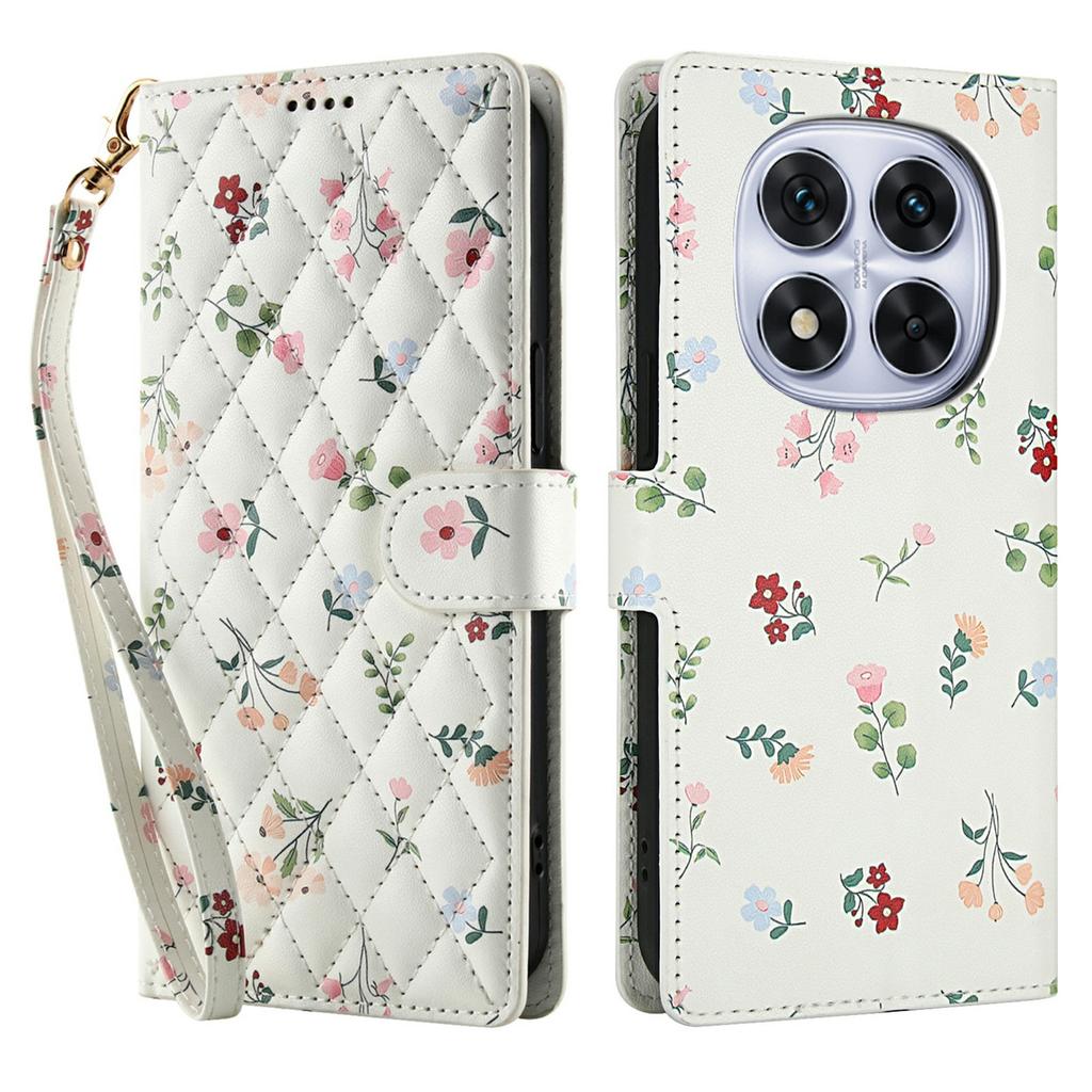 Brieftaschentasche für Xiaomi Redmi Note 14 Pro 5G/14 Pro+ 5G/Poco X7 5G Rauten-Blumenmuster Leder Klapphandyhülle mit Riemen