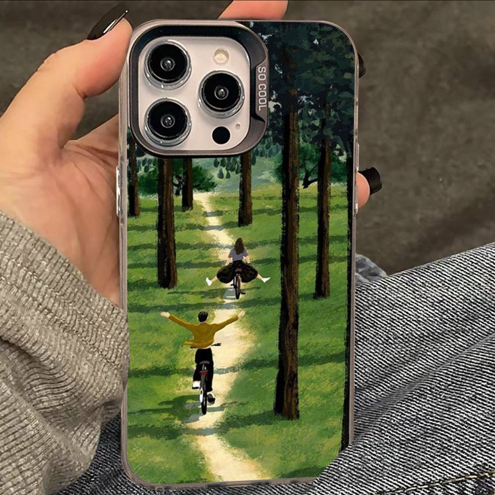 

Cartoon Lawn Suburban Relaxation Silver Plated Inside Phone Case For iPhone 17 16 15 14 11 12 13 Pro Max Plus X XR XS Max Color iPhone 16 e