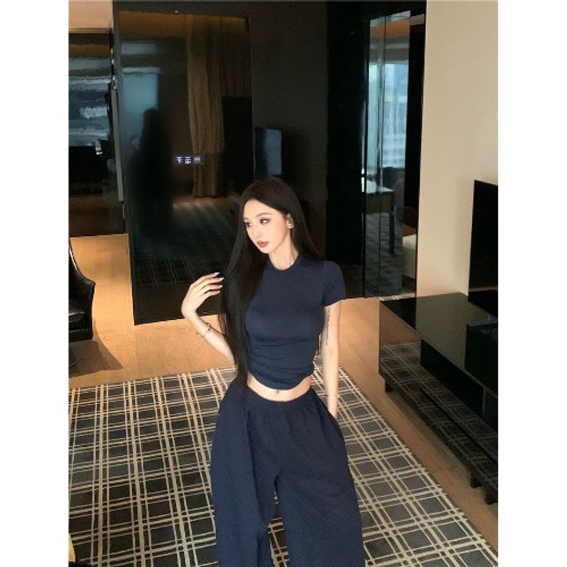 

Kumikumi Casual Set Short sleeve round Neck Slim fit T-shirt Women clothes Summer Low Waist Loose Mopping Pants Two-piece Set Navy blue Tops One size