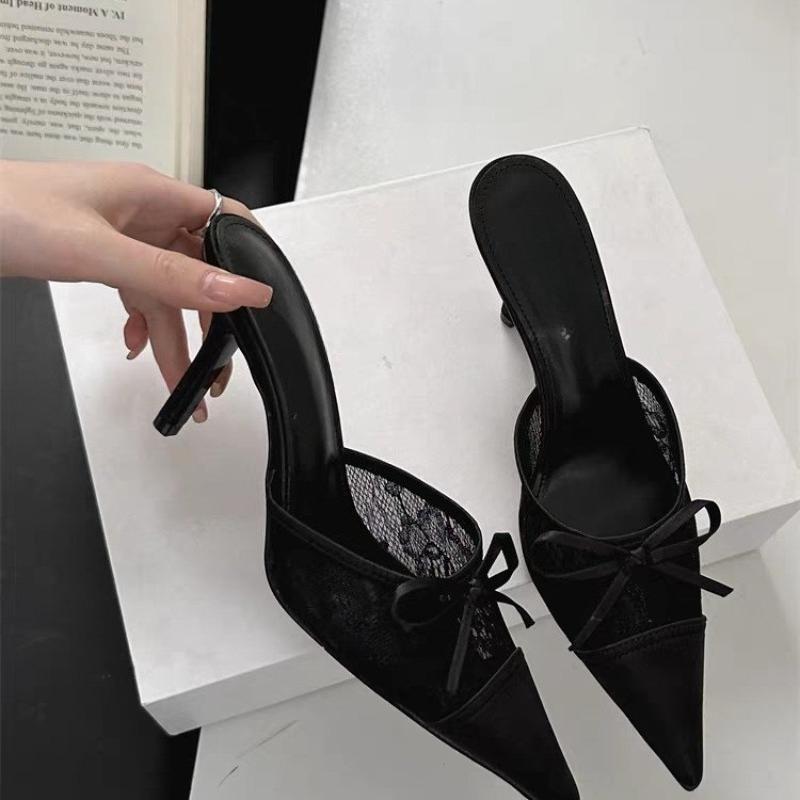 Fashion New Elegant Mesh Fabric Butterfly-knot Pointed Toe Slippers Women Sexy Thin Heels Party Prom Mule Shoes