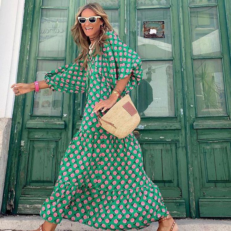 

2023 Collage Bubble Sleeved Street Oversized Dress Plus Size Dress Cyan 3XL