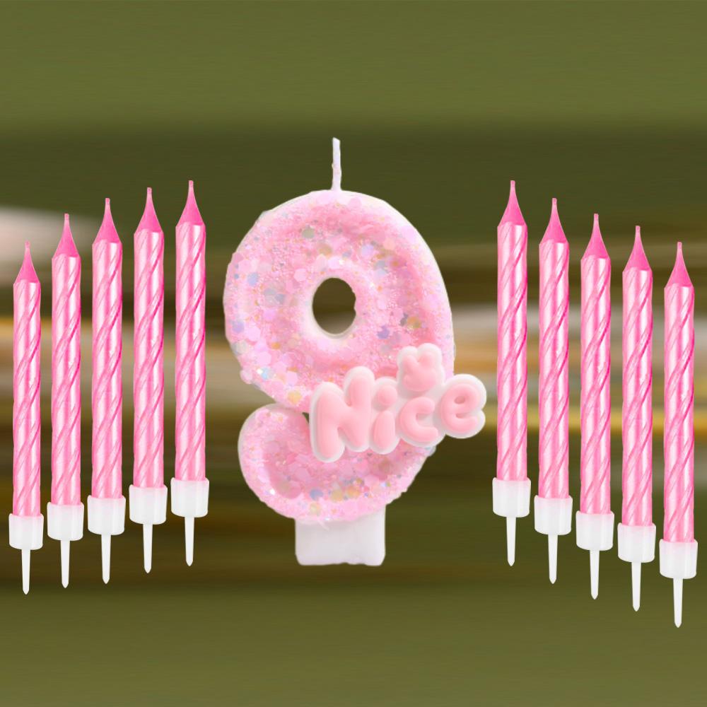 11pcs Glitter Pink Nice Birthday Candle 0-9 Cake Topper Decorations for Girl Woman Baby Shower Party Wedding Decor Supplies