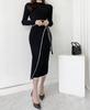 2026 Autumn/Winter Elegant Korean Style Half-High Collar Slim Fit Knit Sweater Dress with Lace-Up Waist for Women