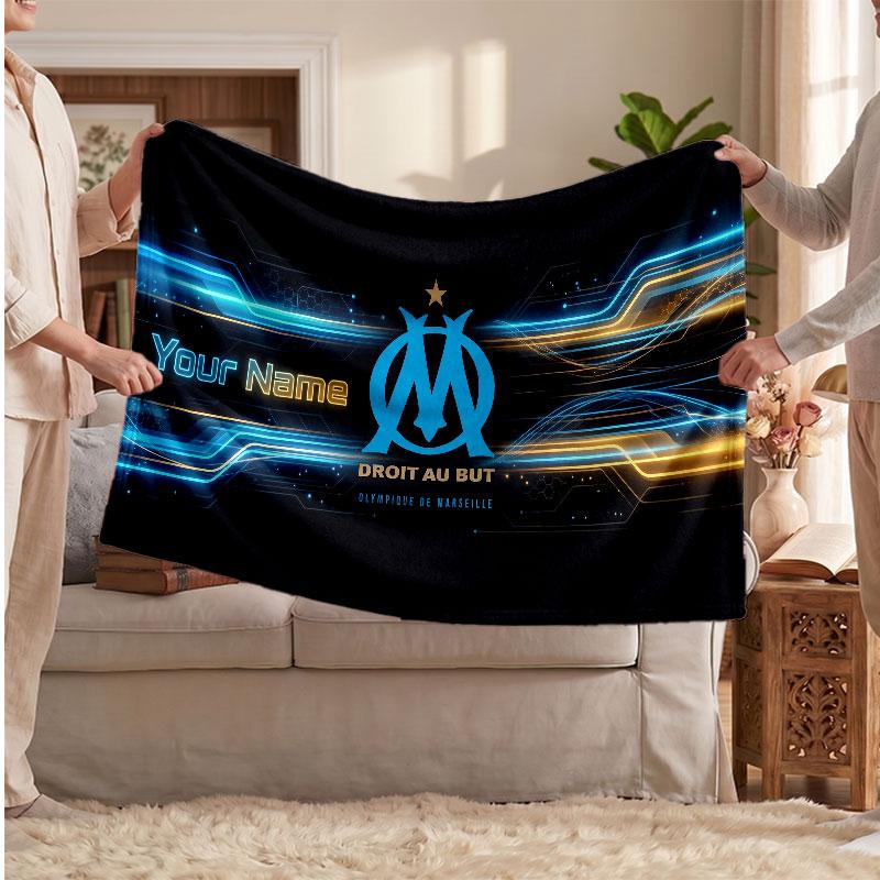 Olympique Marseille FC Personalized Fleece Blanket With Football Logo, Custom Name Text Soft Warm Home Throw Blanket