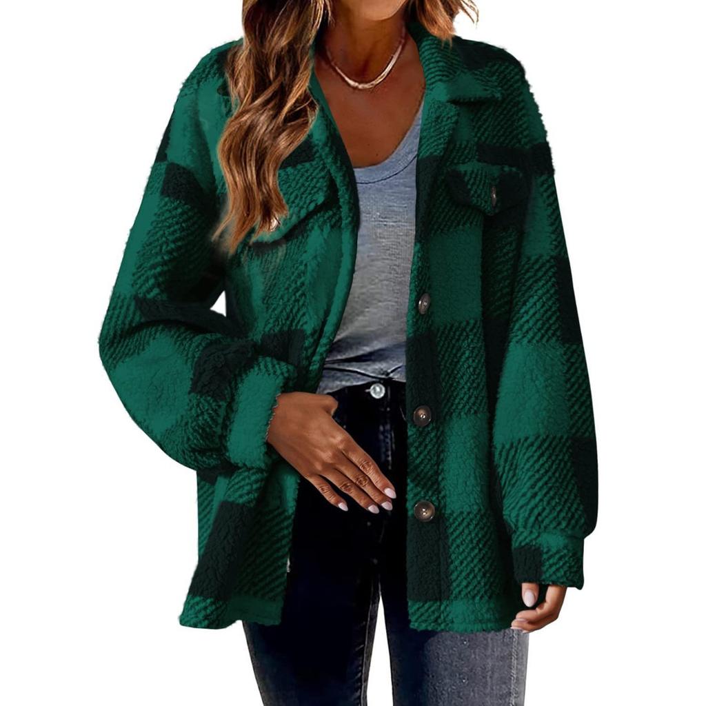Damen WendeKragen Langarm Jacke Lockerer Sitz Kariert Fleece Shacket Knopfleiste Flanell Mantel