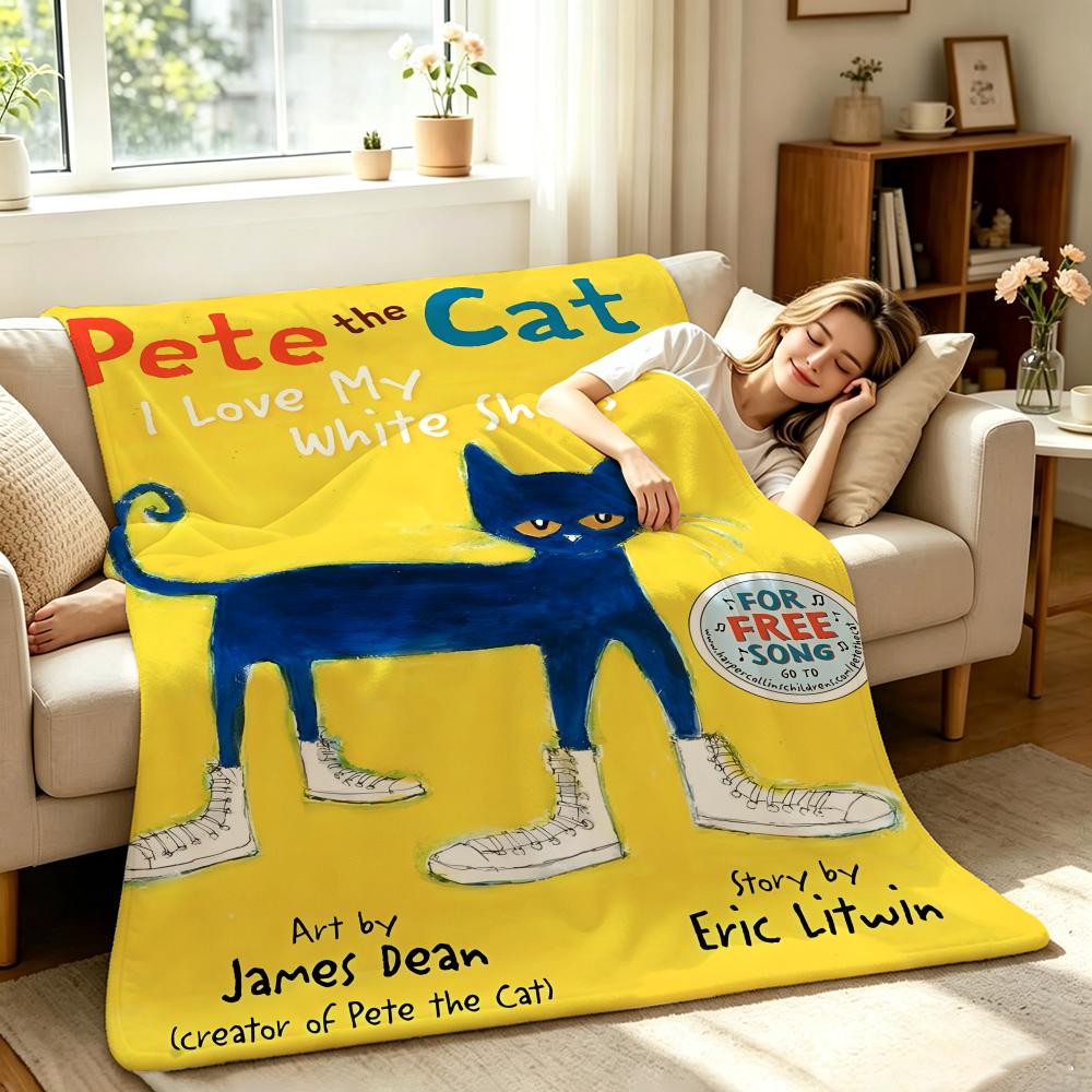 Cartoon Pete the Cat Throw Soft Warm Flannel Throw Blanket, Multi-use for Sofa Bed Office Nap 75X95CM