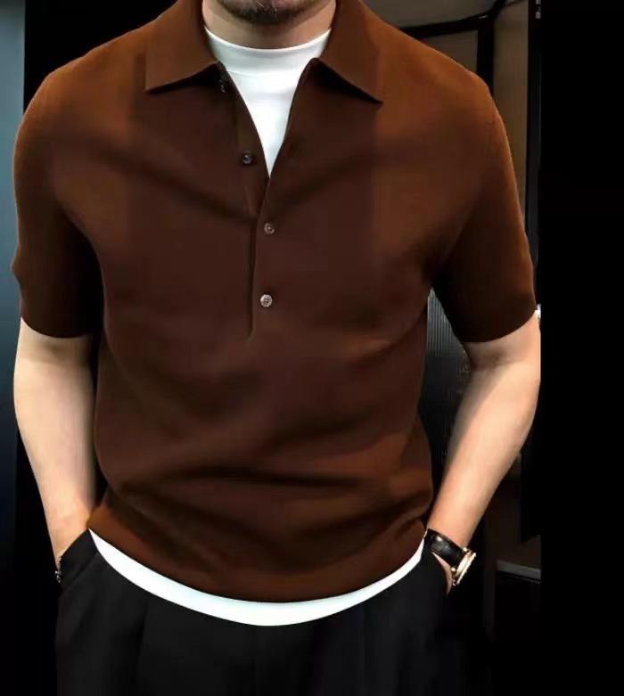 

Однотонная рубашка поло с лацканами, мужская, простой стиль, облегающий крой, высококачественный вязаный топ с короткими рукавами 4XL темно-коричневого