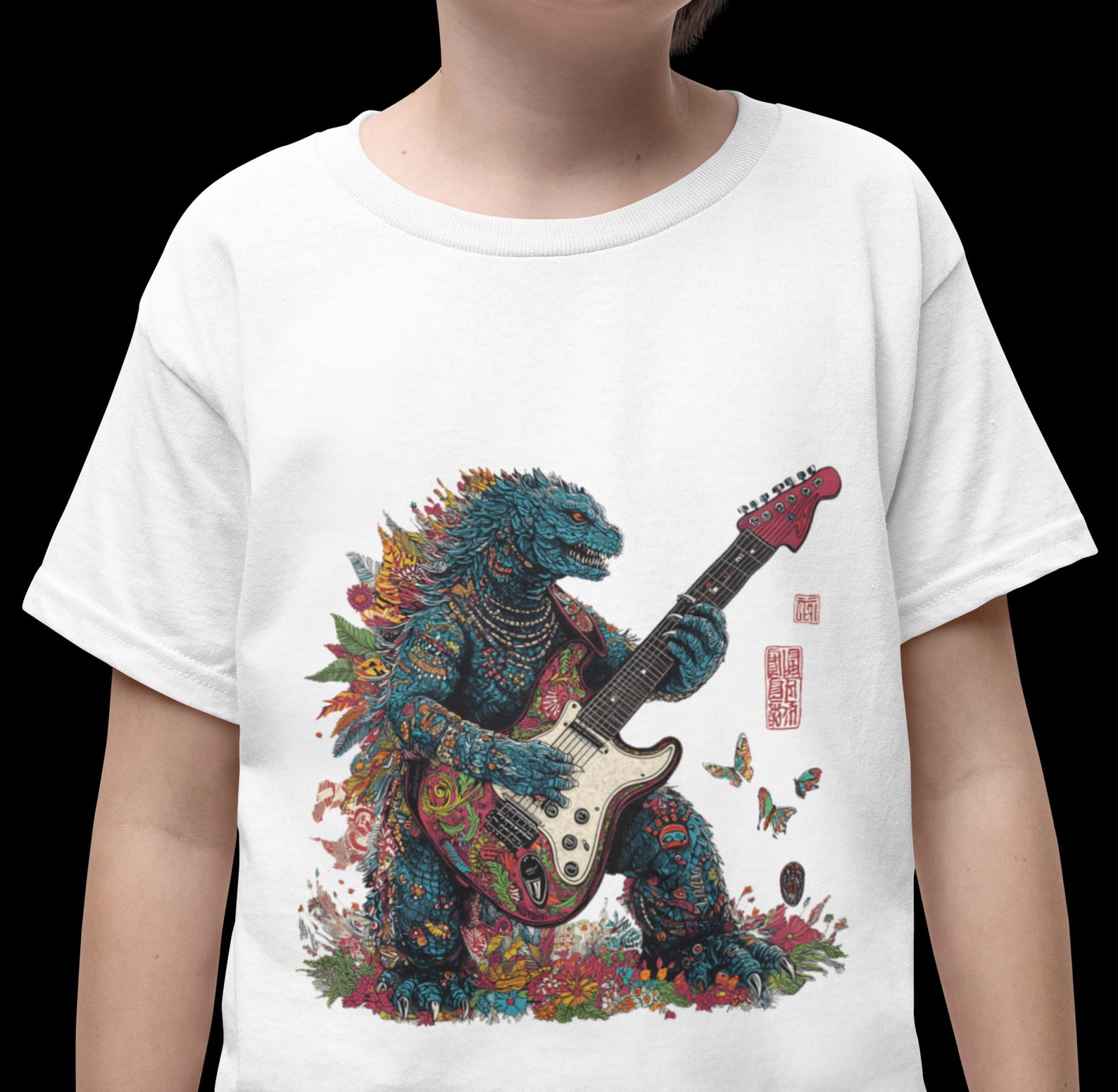 Godzilla Playing Guitar Kids T-Shirt | Dinosaur Music Tee XL