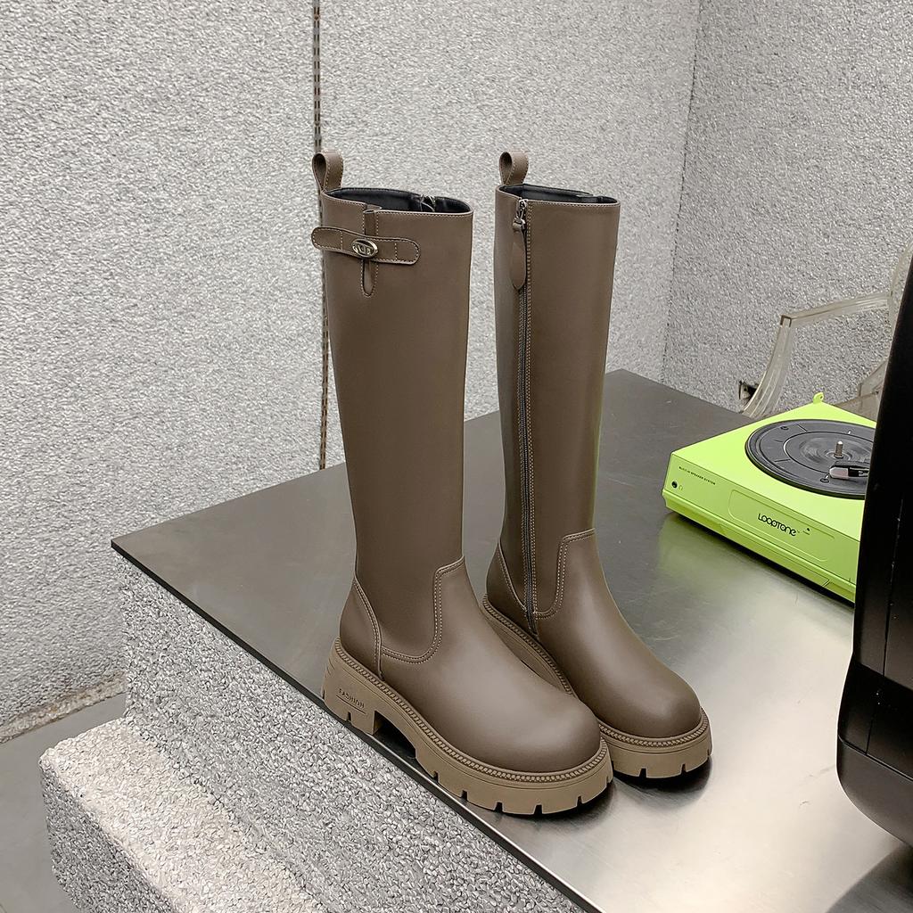 Round head small gold buckle thick-soled versatile side zipper knight boots 2025 new temperament thin oblique thick heel boots