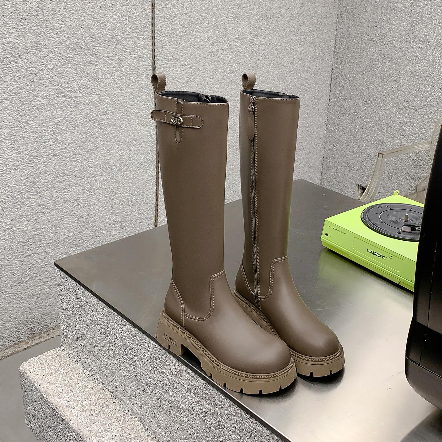 

Round head small gold buckle thick-soled versatile side zipper knight boots 2025 new temperament thin oblique thick heel boots 35