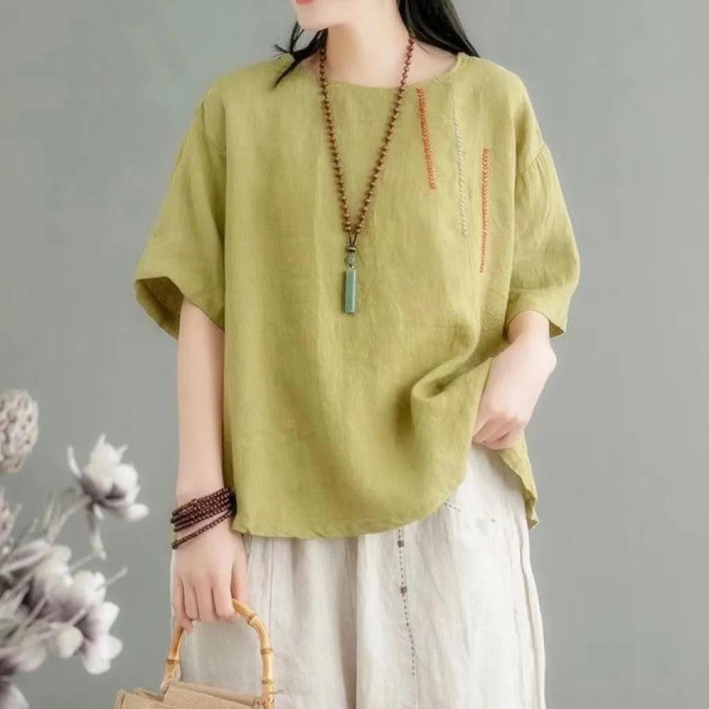 Female Summer Loose Short Sleeve T-Shirt Round Neck Embroidered Pullover Top