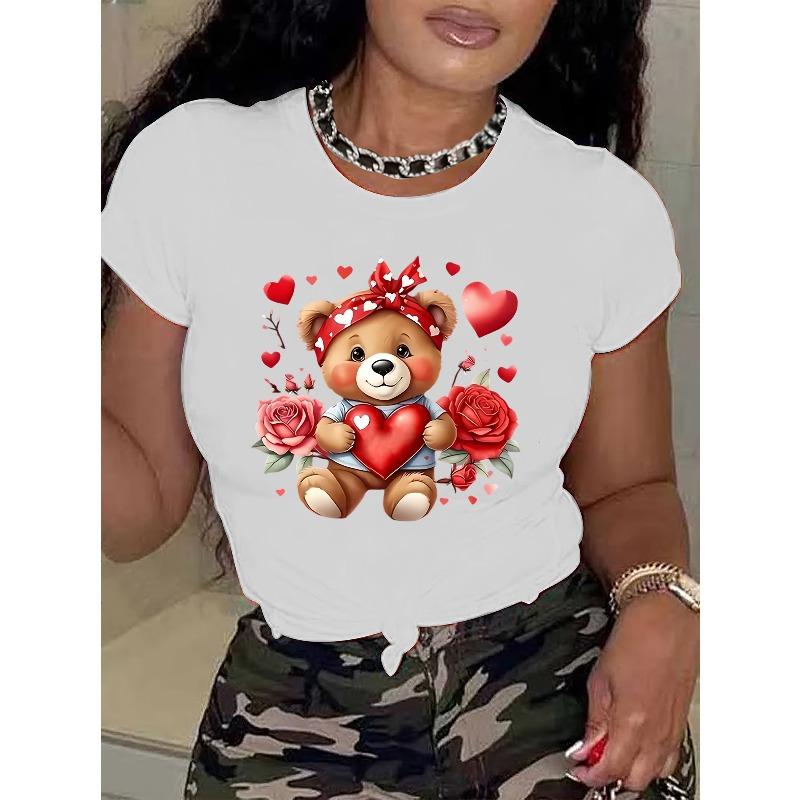 

Женская повседневная футболка с круглым вырезом, европейский размер, с очаровательным дизайном мишки Тедди и сердца, с коротким рукавом, полиэстер, доступны разные цвета S белый