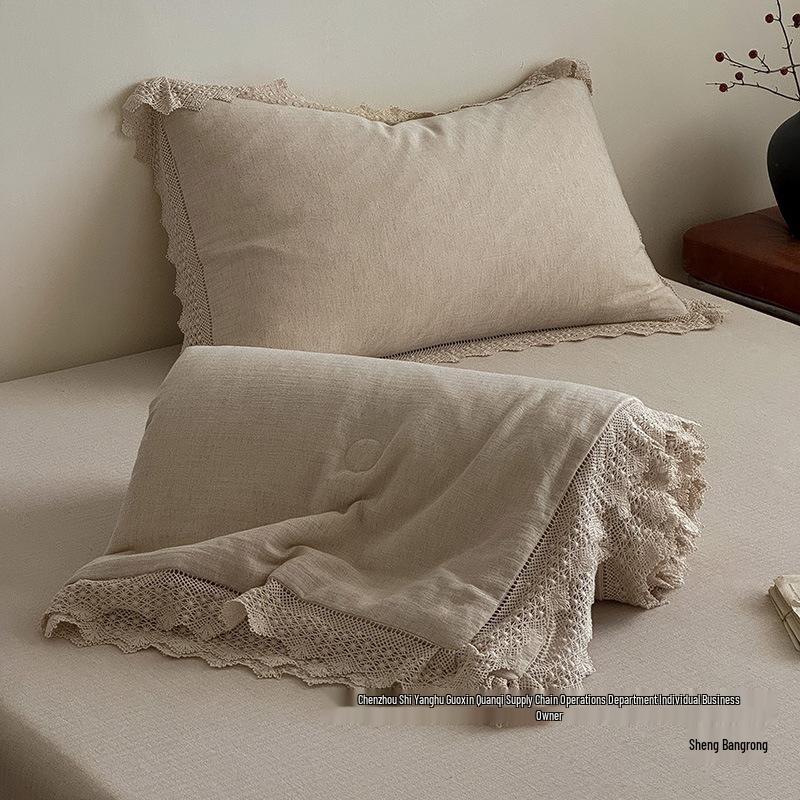 French Retro Cotton Linen Summer Quilt Set with Lace Trim - 4 Piece Girls' Elegant Cool Quilt Set